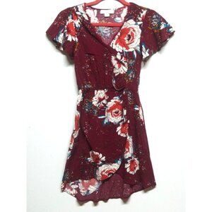 Band of Gypsies Wrap Dress XS Burgundy floral bouquet Keyhole back pockets hi-lo